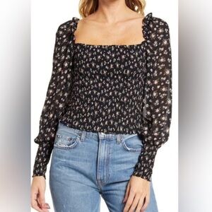 Reformation Pinto Top in Freesia Square Neck Smocked Long Sleeve Blouse size lg